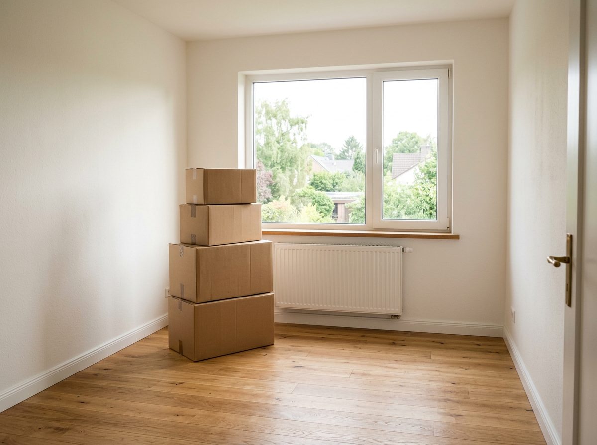 Generated picture: an empty bright room with fresh white walls and a stack of unmarked moving boxes by the window