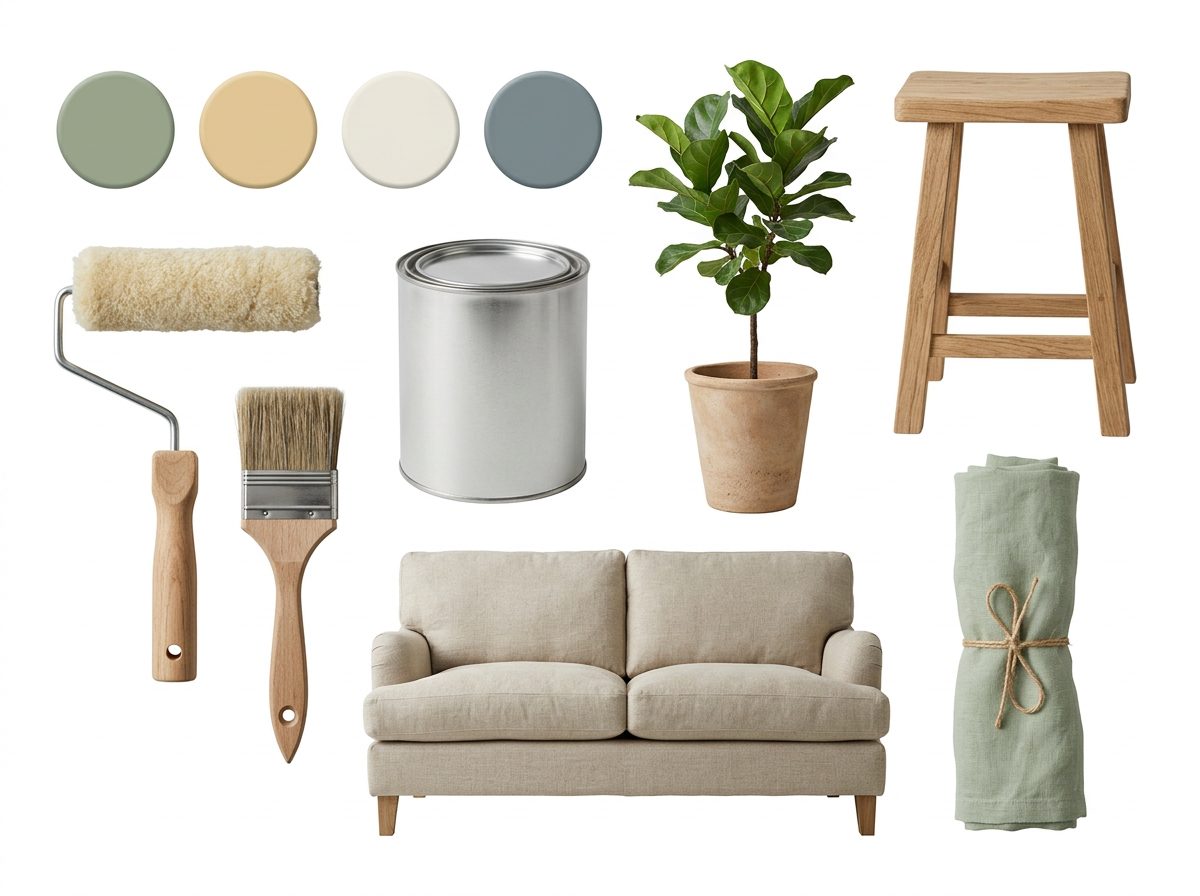 Generated picture: a row of paint colour samples, a roller, a brush and a few furnishings on white