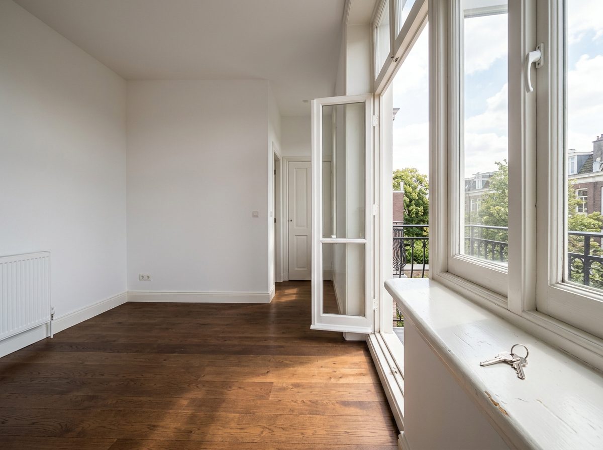 Generated picture: an empty room with white walls, oak floor, an open balcony window and a set of keys on the sill