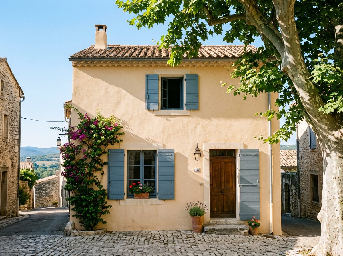Generated picture: a two-storey Provençal house with a pale ochre facade and blue shutters