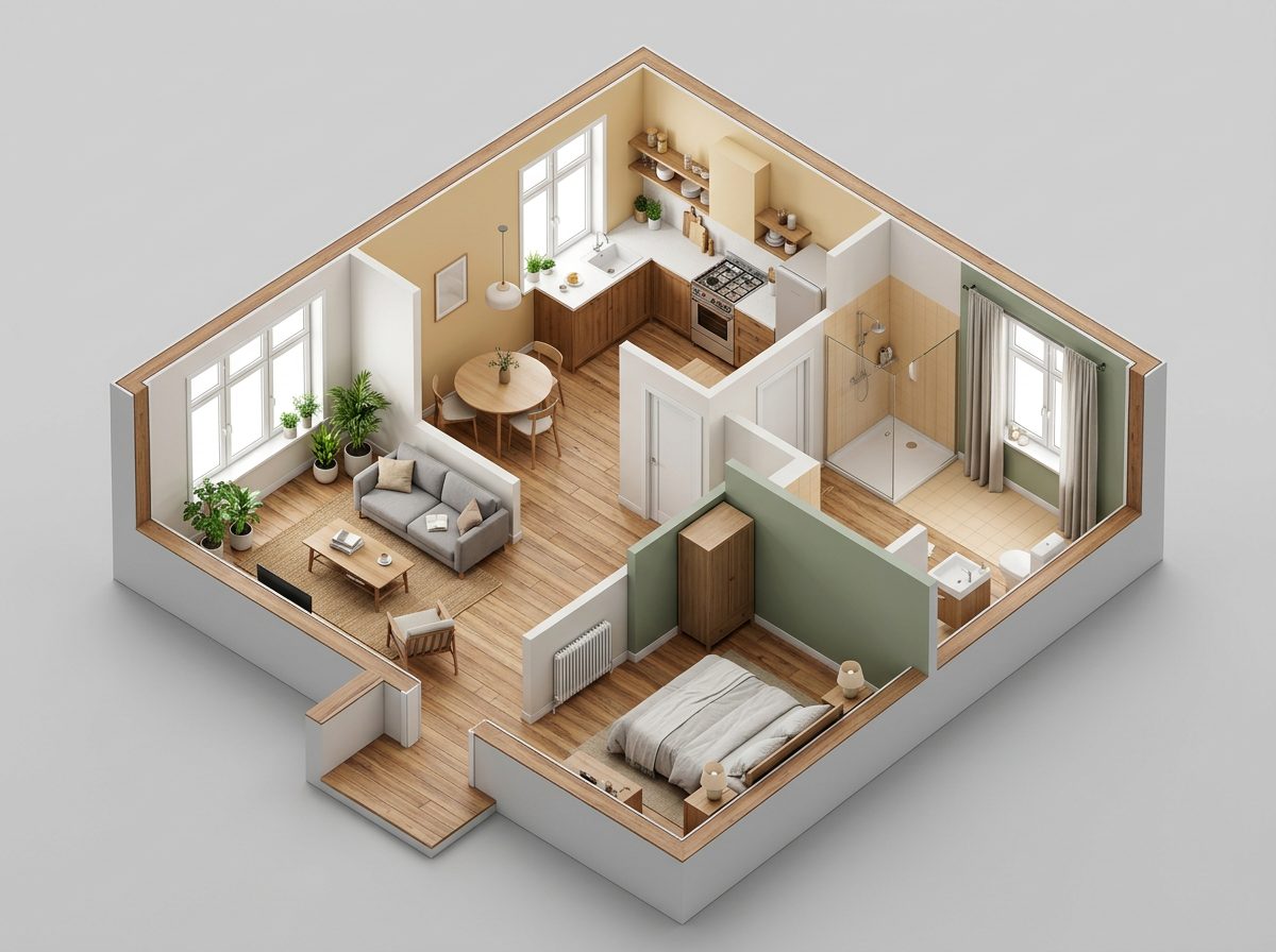 Generated picture: cut-away isometric view of a small home with a living room, kitchen, bathroom and bedroom