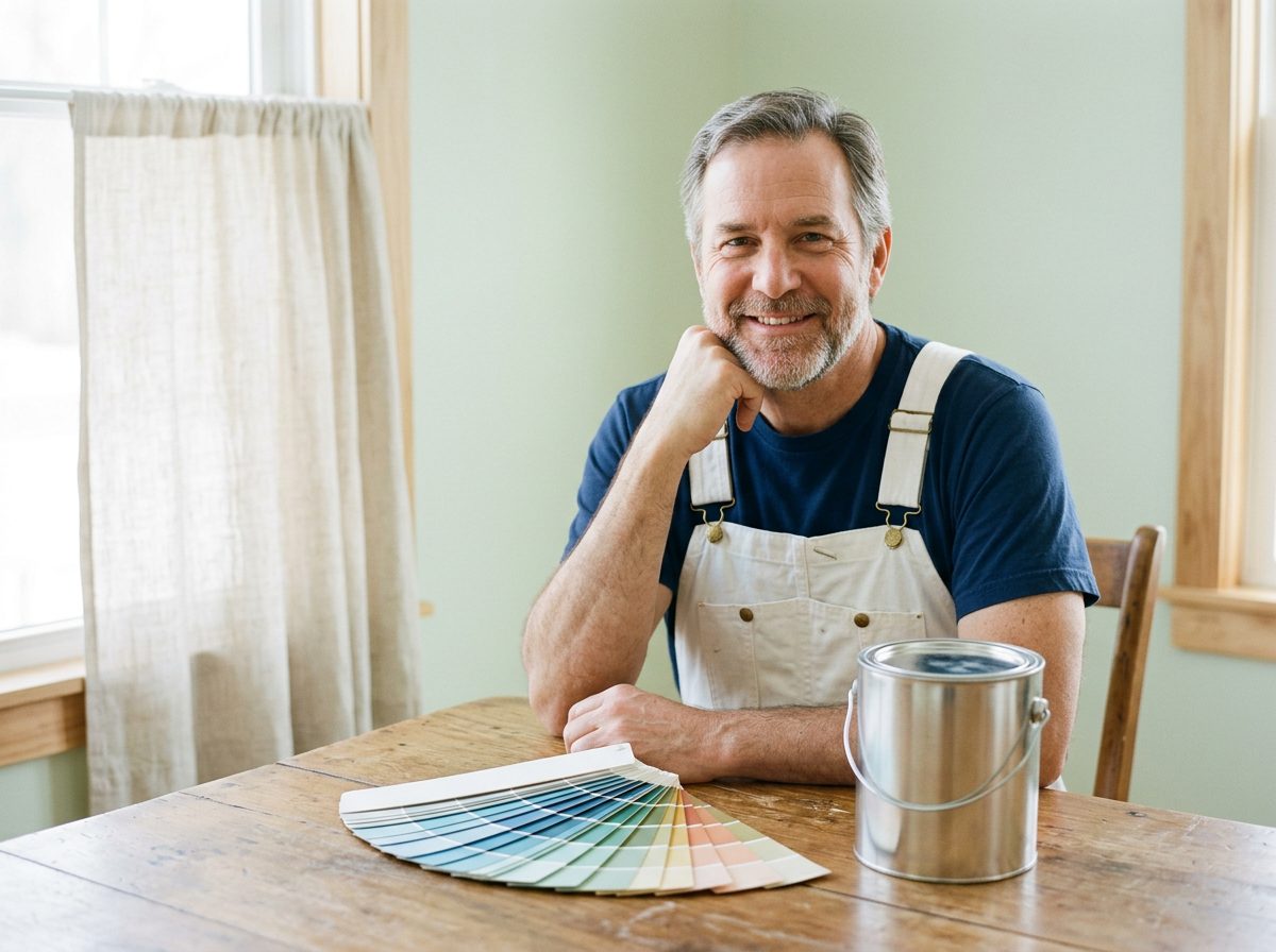 Generated picture of a smiling painter in white overalls at a wooden table with a fan of colour swatches and a paint tin
