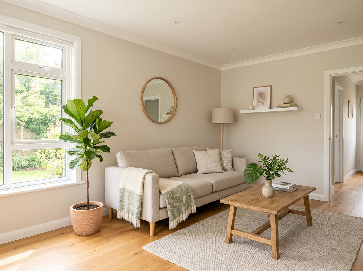 Generated picture: a calm living room with pale walls, a sofa, a fiddle-leaf plant and a wooden coffee table