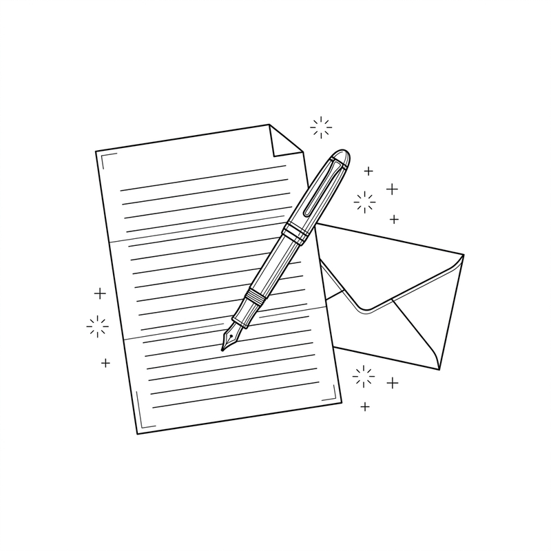 Line drawing of a sheet of paper, a fountain pen and an envelope
