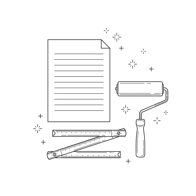 Line drawing of a sheet of paper, a folding rule and a paint roller