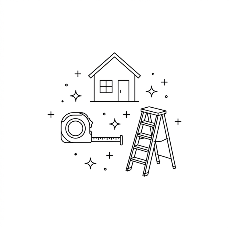 Line drawing of a small house, a tape measure and a stepladder